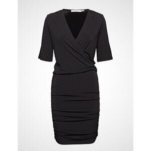 Gestuz Hallie Surplice V-Neck Ruched Knee Length Wrap Dress Black Women's XS NWT